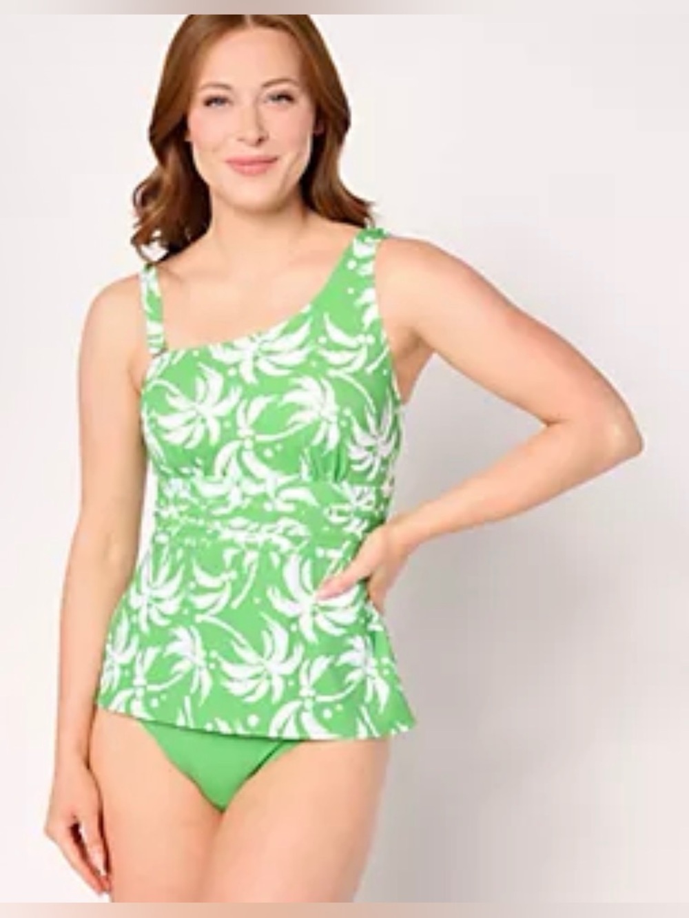 Susan Graver Soleil 2 Piece One Shoulder Swimsuit Sz 32W Apple Green Palm Trees